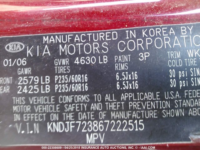 KNDJF723867222515 - 2006 KIA NEW SPORTAGE  RED photo 9