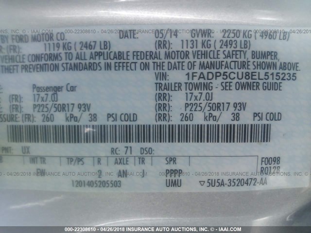 1FADP5CU8EL515235 - 2014 FORD C-MAX PREMIUM SILVER photo 9