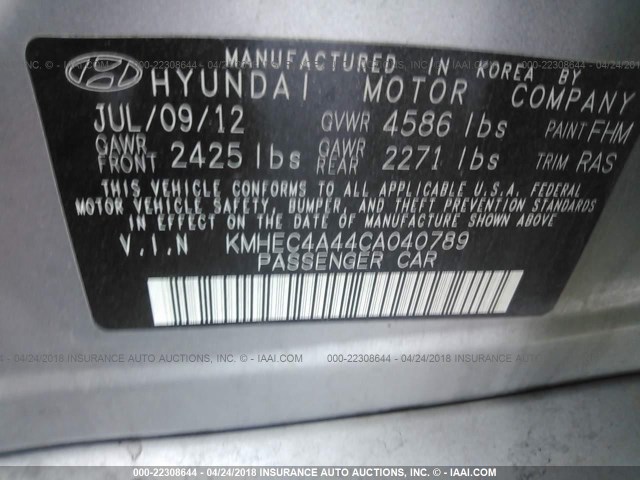 KMHEC4A44CA040789 - 2012 HYUNDAI SONATA HYBRID SILVER photo 9