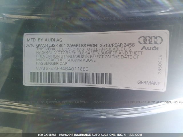 WAUGVAFR4BA011685 - 2011 AUDI S5 PREMIUM PLUS Dark Blue photo 9