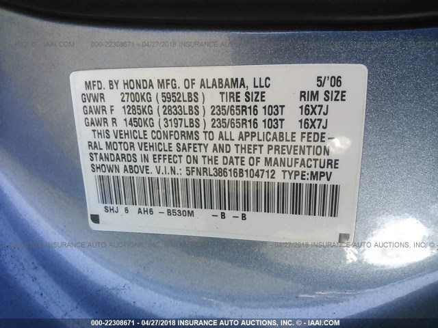5FNRL38616B104712 - 2006 HONDA ODYSSEY EXL ლურჯი ფოტო 9