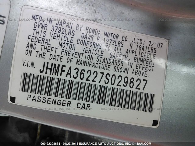 JHMFA36227S029627 - 2007 HONDA CIVIC HYBRID BLUE photo 9