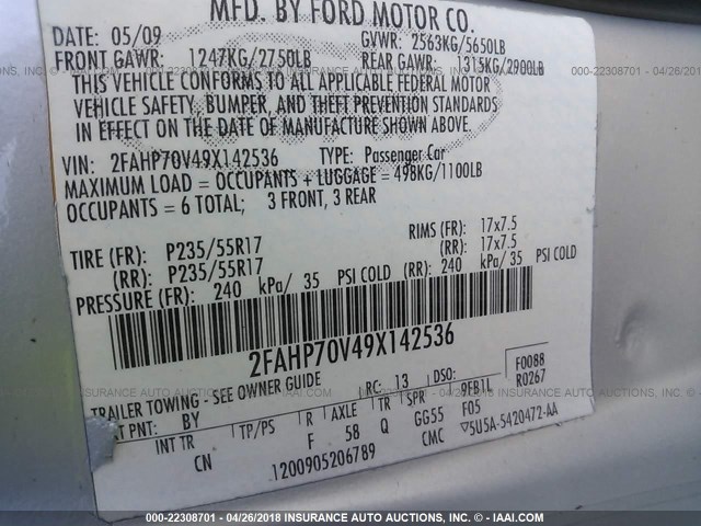 2FAHP70V49X142536 - 2009 FORD CROWN VICTORIA  GRAY photo 9