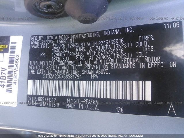 5TDZA23CX6S584791 - 2006 TOYOTA SIENNA CE/LE BLUE photo 9