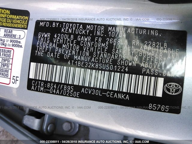 4T1BE32K85U501224 - 2005 TOYOTA CAMRY LE/XLE/SE Light Blue photo 9