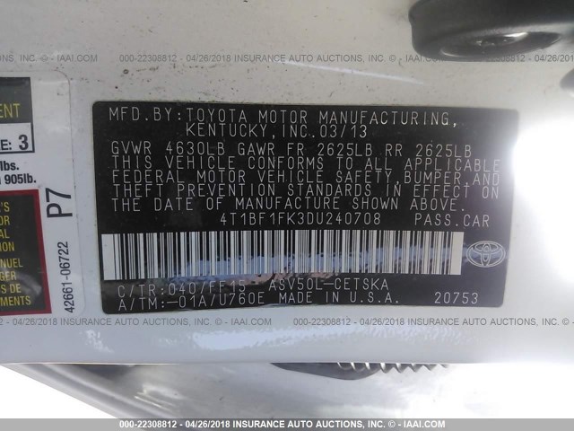 4T1BF1FK3DU240708 - 2013 TOYOTA CAMRY L/SE/LE/XLE 白色 照片 9