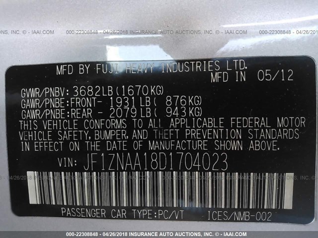 JF1ZNAA18D1704023 - 2013 TOYOTA SCION FR-S SILVER photo 9