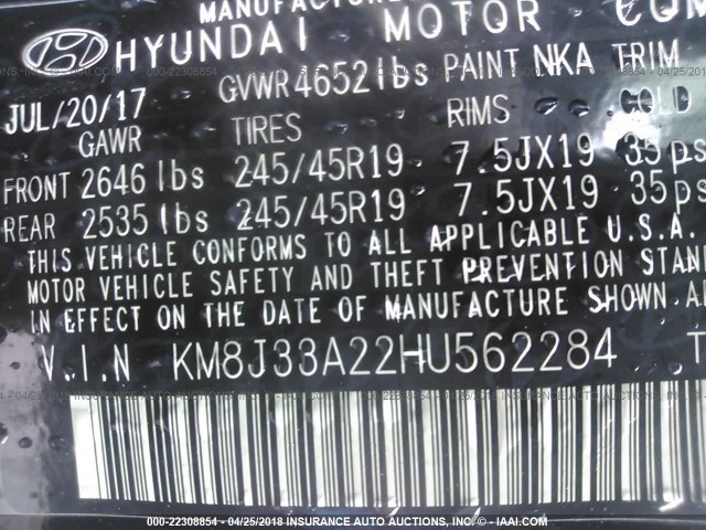 KM8J33A22HU562284 - 2017 HYUNDAI TUCSON LIMITED/SPORT AND ECO/SE BLACK photo 9