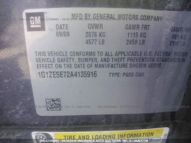 1G1ZE5E72A4135916 - 2010 CHEVROLET MALIBU LTZ 灰色 照片 9