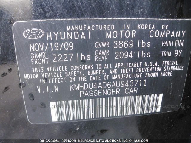 KMHDU4AD6AU943711 - 2010 HYUNDAI ELANTRA BLUE/GLS/SE BLACK photo 9