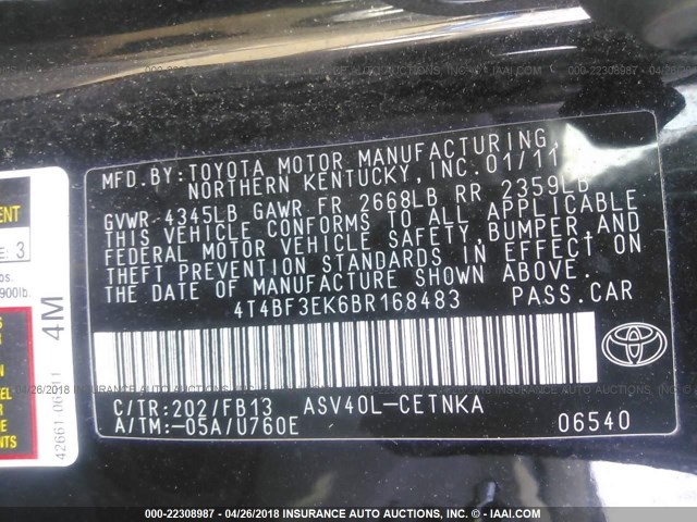 4T4BF3EK6BR168483 - 2011 TOYOTA CAMRY SE/LE/XLE BLACK photo 9