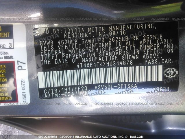 4T1BF1FK7HU314878 - 2017 TOYOTA CAMRY LE/XLE/SE/XSE GRAY photo 9