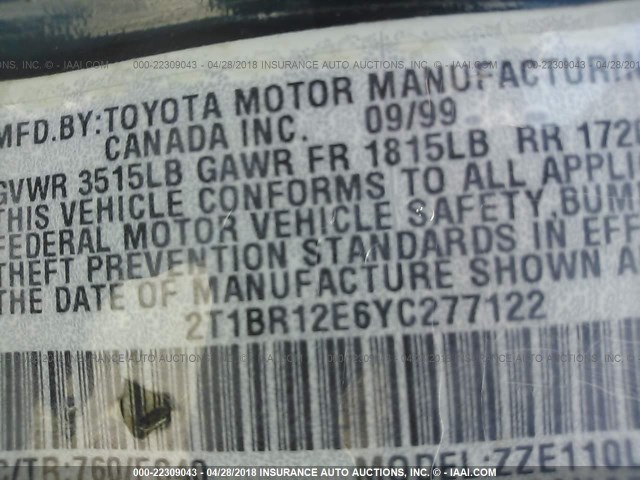 2T1BR12E6YC277122 - 2000 TOYOTA COROLLA VE/CE/LE 蓝色 照片 9