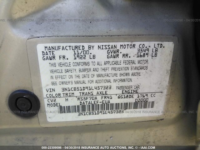 3N1CB51D91L457323 - 2001 NISSAN SENTRA XE/GXE BROWN photo 9