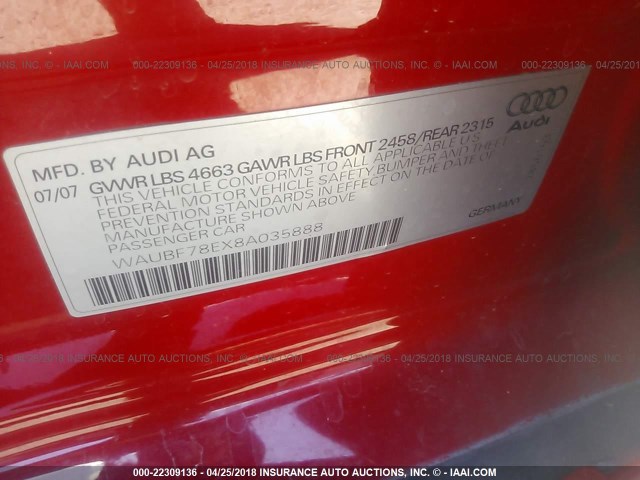 WAUBF78EX8A035888 - 2008 AUDI A4 S-LINE 2.0T TURBO RED photo 9