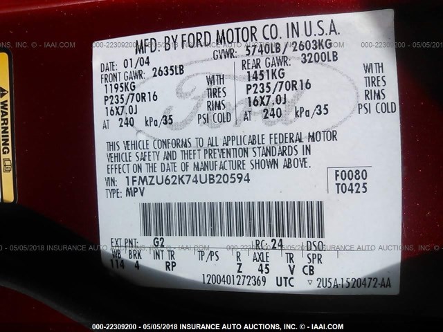 1FMZU62K74UB20594 - 2004 FORD EXPLORER XLS/XLS SPORT RED photo 9