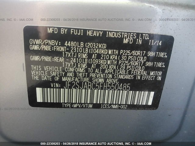 JF2SJABC5FH550485 - 2015 SUBARU FORESTER 2.5I SILVER photo 9