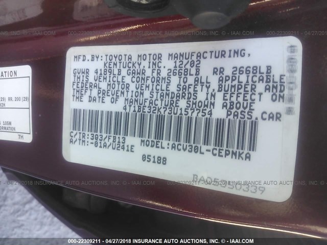 4T1BE32K73U157754 - 2003 TOYOTA CAMRY LE/XLE/SE MAROON photo 9