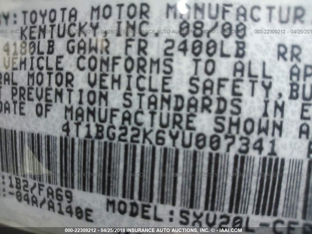 4T1BG22K6YU007341 - 2000 TOYOTA CAMRY CE/LE/XLE 灰色 照片 9