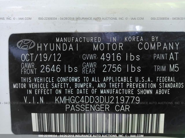 KMHGC4DD3DU219779 - 2013 HYUNDAI GENESIS 3.8L WHITE photo 9