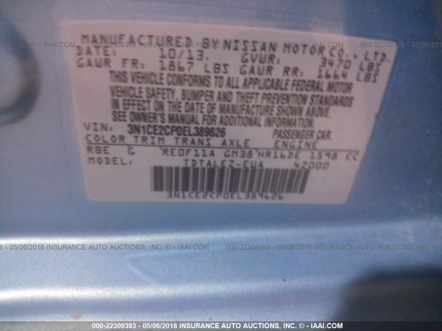 3N1CE2CP0EL389626 - 2014 NISSAN VERSA NOTE S/S PLUS/SV/SL BLUE photo 9