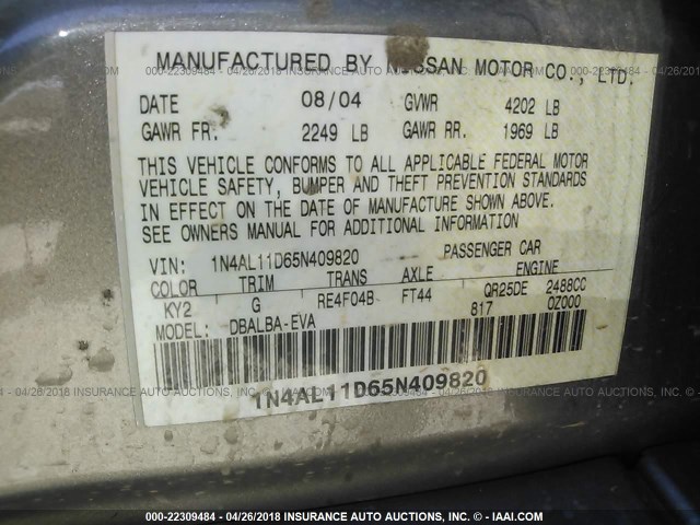 1N4AL11D65N409820 - 2005 NISSAN ALTIMA S/SL GRAY photo 9