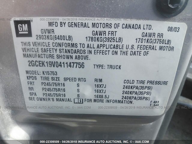 2GCEK19V041147756 - 2004 CHEVROLET SILVERADO K1500 GRAY photo 9