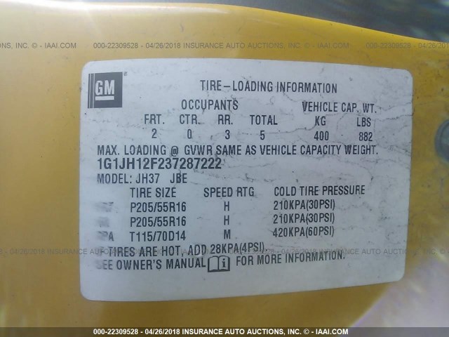 1G1JH12F537292589 - 2003 CHEVROLET CAVALIER LS SPORT YELLOW photo 9