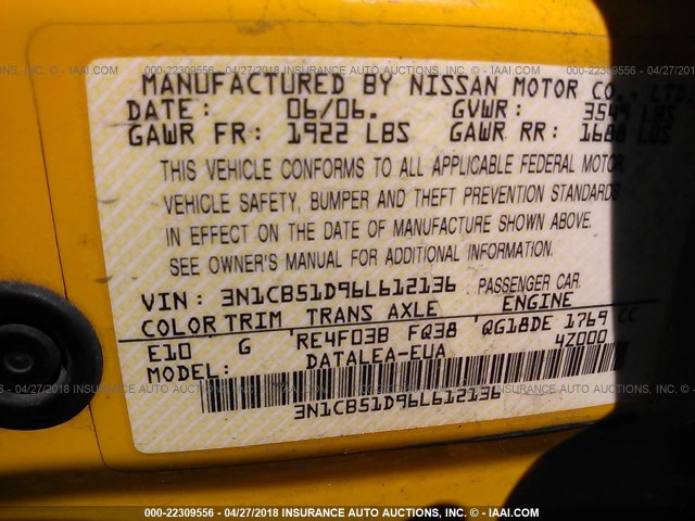 3N1CB51D96L612136 - 2006 NISSAN SENTRA 1.8/1.8S YELLOW photo 9