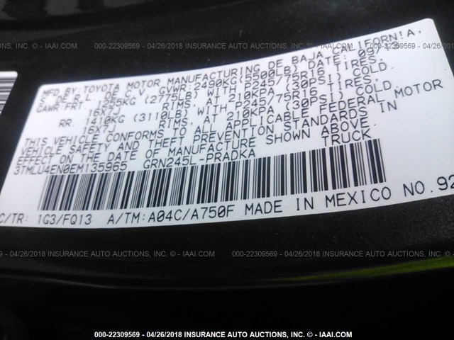3TMLU4EN0EM135965 - 2014 TOYOTA TACOMA DOUBLE CAB ნაცრისფერი ფოტო 9