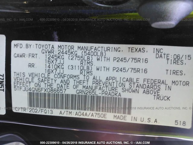 5TFJU4GN6FX086657 - 2015 TOYOTA TACOMA DOUBLE CAB PRERUNNER BLACK photo 9