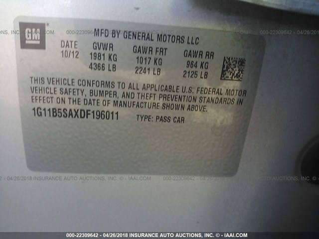 1G11B5SAXDF196011 - 2013 CHEVROLET MALIBU LS ვერცხლისფერი ფოტო 9