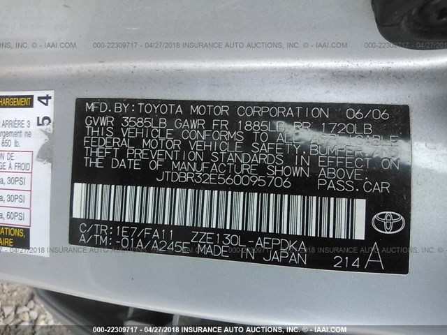 JTDBR32E560095706 - 2006 TOYOTA COROLLA CE/LE SILVER photo 9