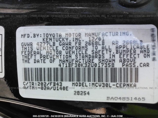 4T1BF30K32U017358 - 2002 TOYOTA CAMRY LE/XLE/SE შავი ფოტო 9