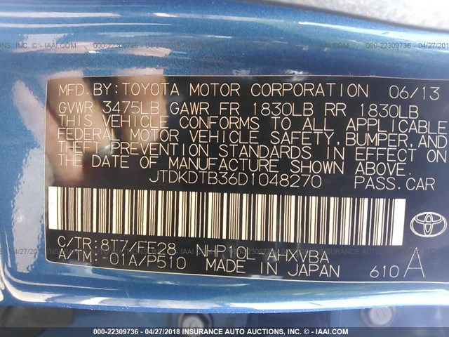 JTDKDTB36D1048270 - 2013 TOYOTA PRIUS C BLUE photo 9