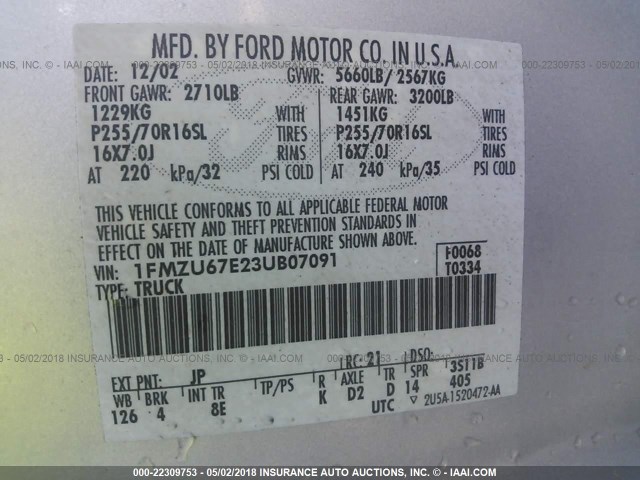 1FMZU67E23UB07091 - 2003 FORD EXPLORER SPORT TR  SILVER photo 9