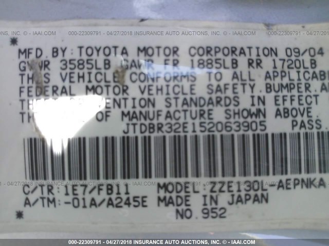 JTDBR32E152063905 - 2005 TOYOTA COROLLA CE/LE SILVER photo 9