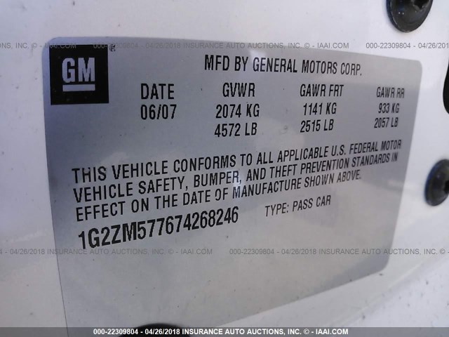 1G2ZM577674268246 - 2007 PONTIAC G6 GTP WHITE photo 9