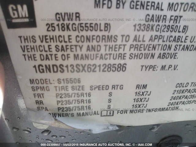 1GNDS13SX62128586 - 2006 CHEVROLET TRAILBLAZER LS/LT SILVER photo 9