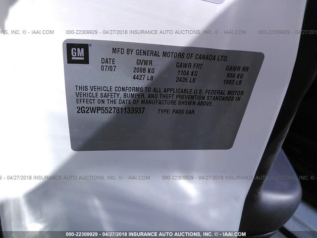 2G2WP552781133937 - 2008 PONTIAC GRAND PRIX WHITE photo 9