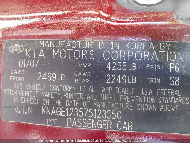 KNAGE123575123350 - 2007 KIA OPTIMA LX/EX MAROON photo 9