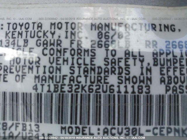 4T1BE32K62U611183 - 2002 TOYOTA CAMRY LE/XLE/SE SILVER photo 9