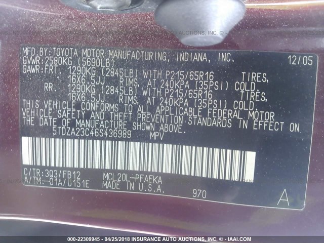 5TDZA23C46S436989 - 2006 TOYOTA SIENNA CE/LE BURGUNDY photo 9