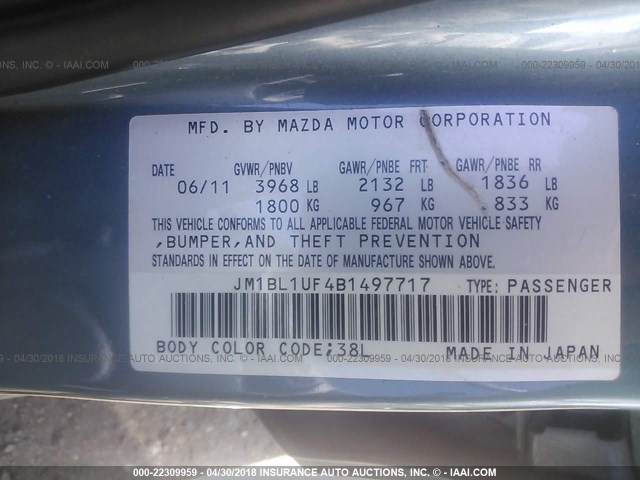 JM1BL1UF4B1497717 - 2011 MAZDA 3 I BLUE photo 9