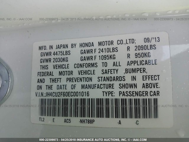 JH4CU2F60EC001016 - 2014 ACURA TSX TECH WHITE photo 9