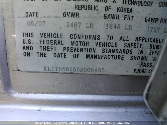 KL1TD56658B005485 - 2008 CHEVROLET AVEO LS SILVER photo 9