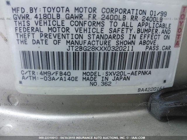 JT2BG28KXX0320211 - 1999 TOYOTA CAMRY LE/XLE BROWN photo 9