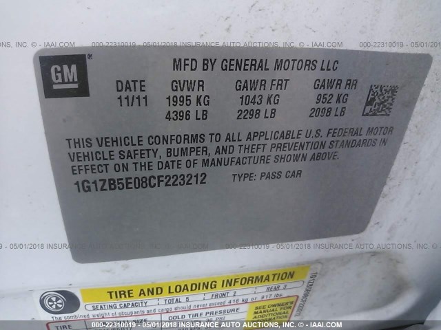 1G1ZB5E08CF223212 - 2012 CHEVROLET MALIBU LS WHITE photo 9