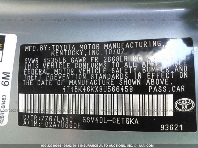 4T1BK46KX8U566458 - 2008 TOYOTA CAMRY LE/XLE/SE GREEN photo 9