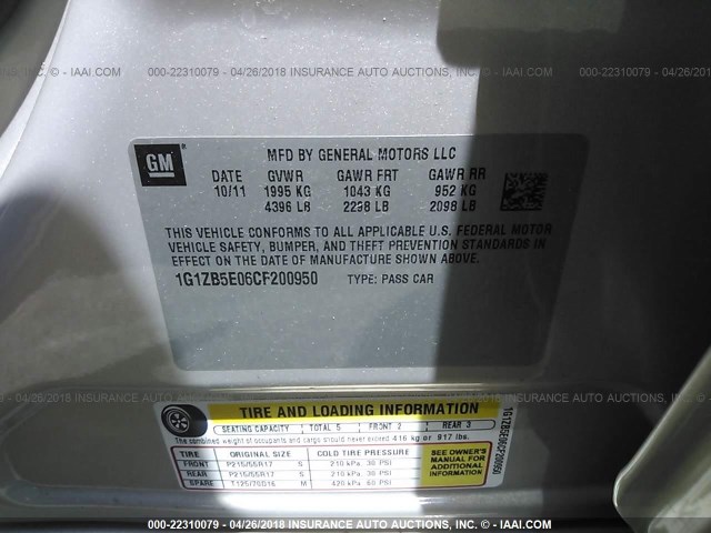 1G1ZB5E06CF200950 - 2012 CHEVROLET MALIBU LS 金色 照片 9